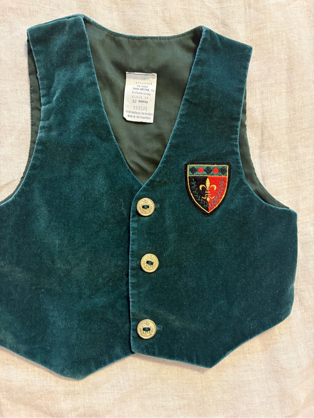 Vintage Baby Togs Green Velvet Vest Heraldic Crest Gold Buttons 12M